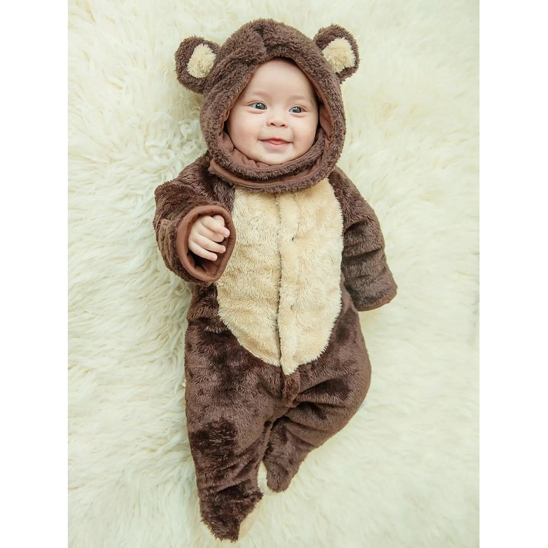 Baby Raglan Sleeve 3D Patched Footed Flannel Jumpsuit & Hat