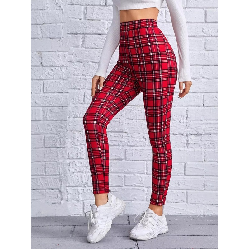 Plaid Elastic Waist Skinny Pants