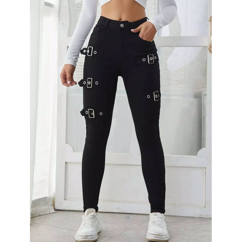 Zipper Fly Buckle Detail Skinny Jeans