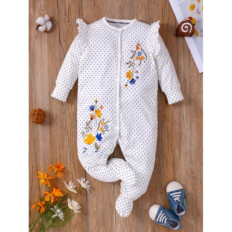 Baby Polka Dot Flower Embroidered Ruffle Trim Footed Jumpsuit