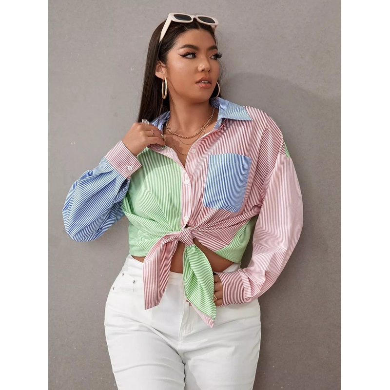 Plus Color-block Striped Pocket Front Blouse