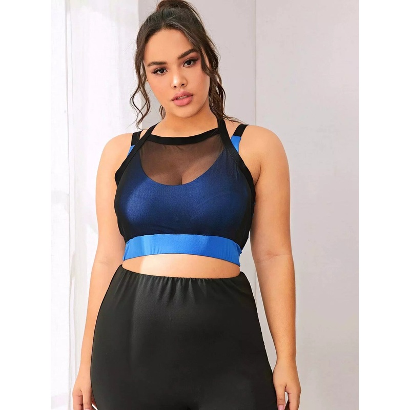 Plus Contrast Mesh Sports Bra|4XL