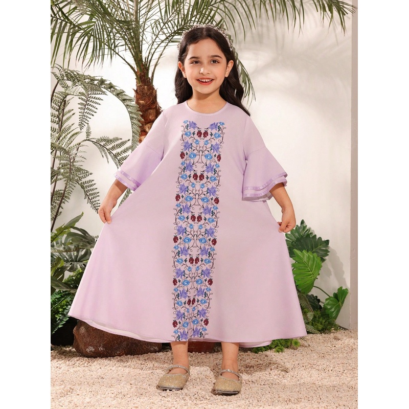 Young Girls’ Floral Print Dress, Light Purple Color, Elegant And Adorable Design For Little Girls