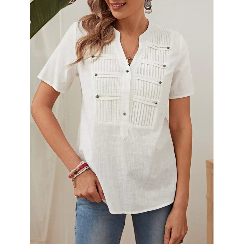 Beaded Pleated Detail Notched Blouse