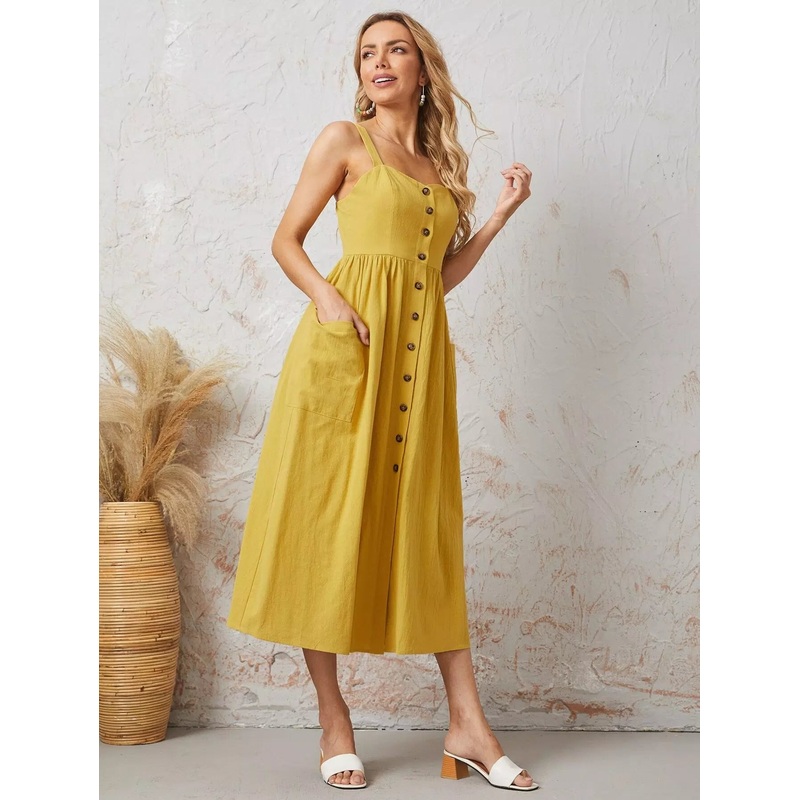 Button Front Pocket Detail Slip Dress