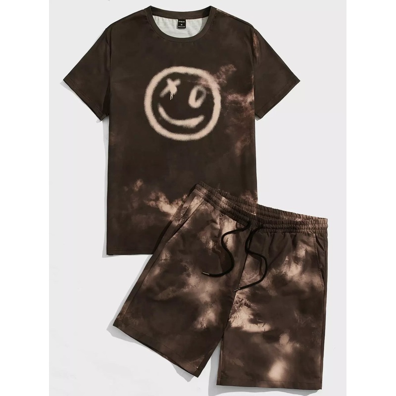 Men Tie Dye Expression Print Tee & Drawstring Waist Shorts