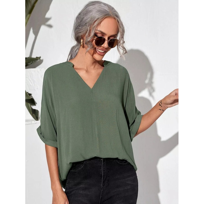 Solid Notch Neck High-Low Blouse