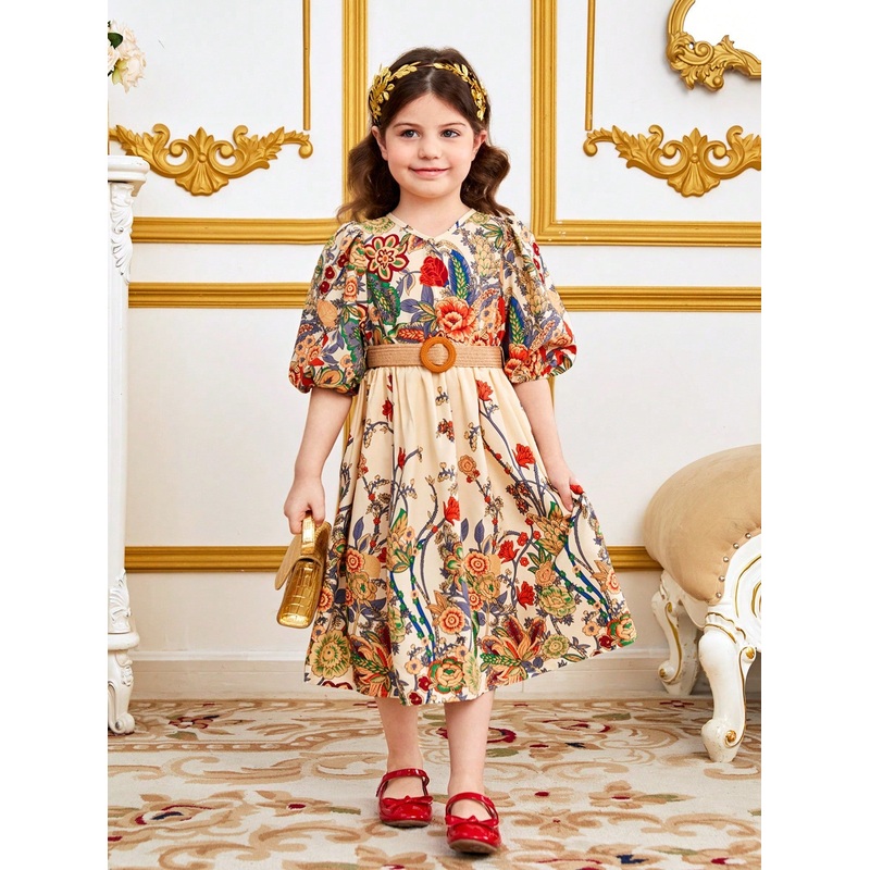 Young Girl Floral Printed V-Neck Puff Sleeve Dress