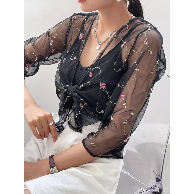 Floral Embroidery Knot Front Mesh Top Without Cami Top