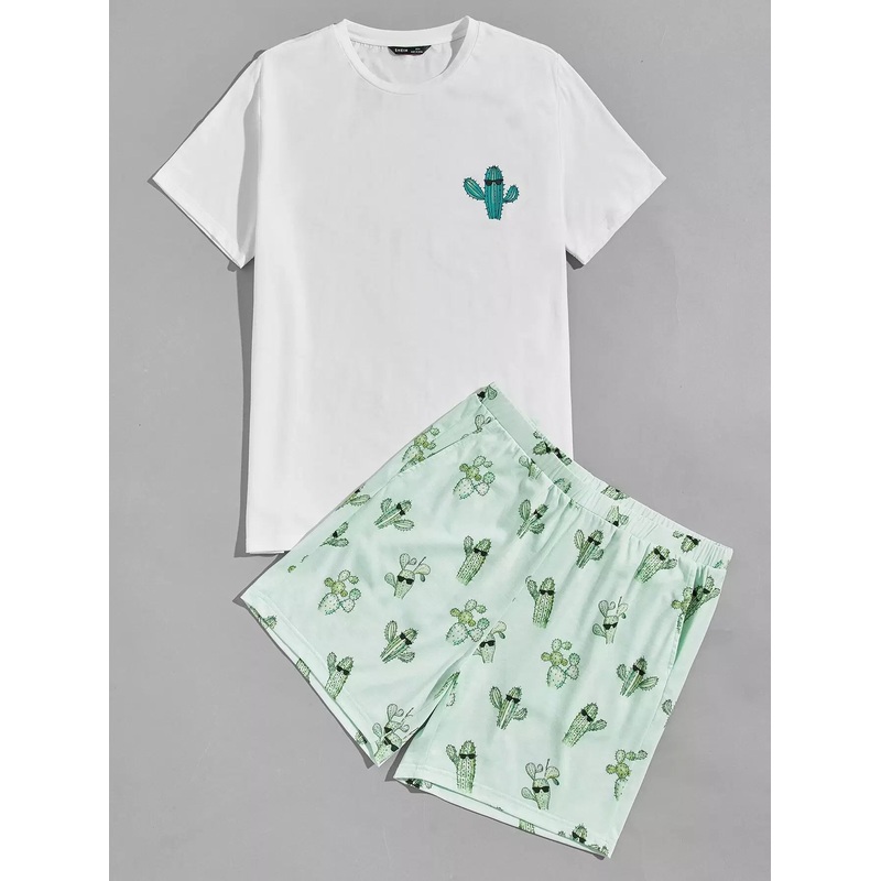 Men Cartoon Graphic Top & Shorts PJ Set