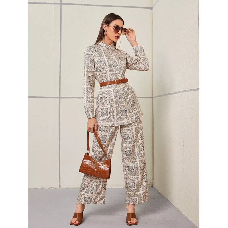 Allover Print Blouse & Wide Leg Pants Without Belt