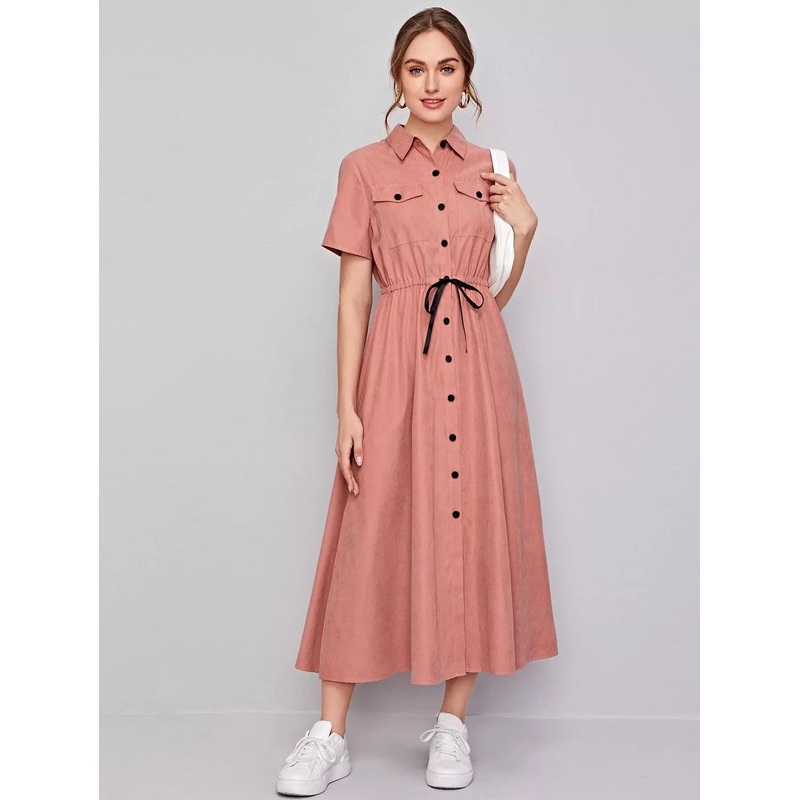 Drawstring Waist Flap Pocket Shirt Dress