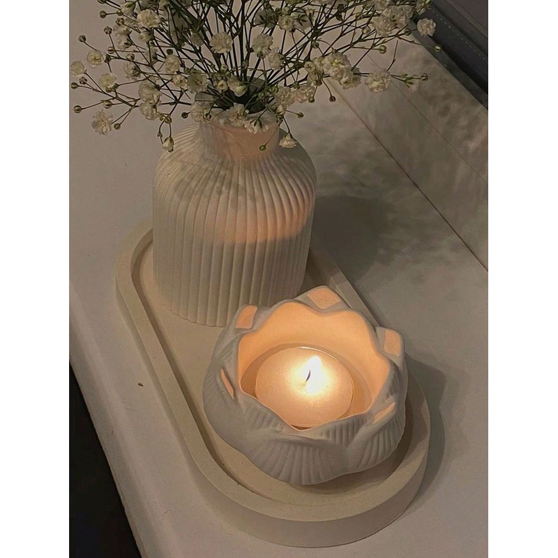 1 Set Of 3pcs Lotus Candle Holder, Striped Vase/Striped Storage Jar, Oval Tray Silicone Mold Combo Set,