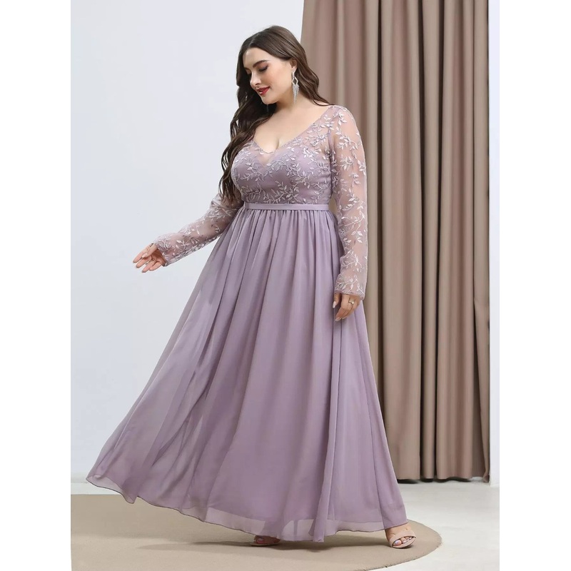 Plus Plants Embroidered Chiffon A-line Dress