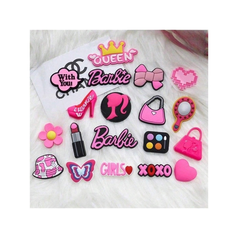 19pcs Set Pink Cartoon Character Soft Jelly Shoe Accessories, Sandal Decoration PVC Set Wooden Clog Ornament