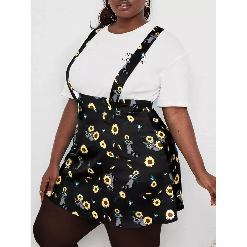 Plus Floral & Lesser Panda Print Pinafore Skirt