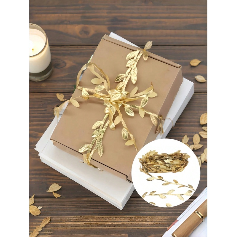 1Pc 10M/33Ft Long Gold Simulated Willow Leaves Gift Packaging Ribbon, Garland Decoration Accessories