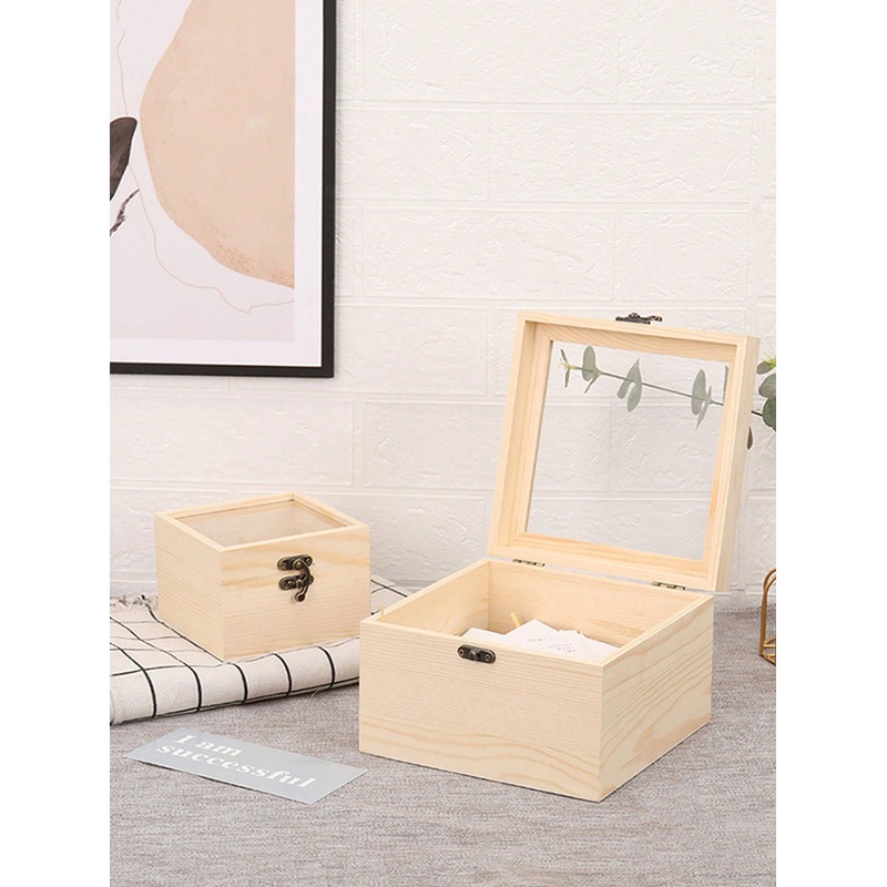 1pc Clear Preserved Flower Gift Box With Lock, Vintage Wooden Square Jewelry Bridesmaid Gift Storage
