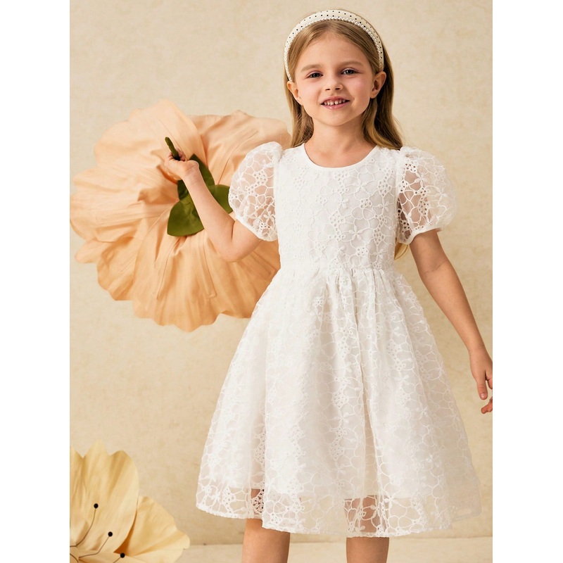 Young Girls’ Elegant Ivory Puff Sleeve Dresses