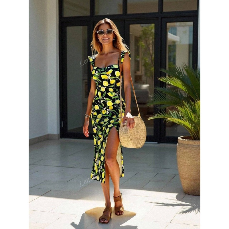 1 Piece All-Over Floral Print Boho Elegant Woven High Slit Dress, Everyday Summer Wear