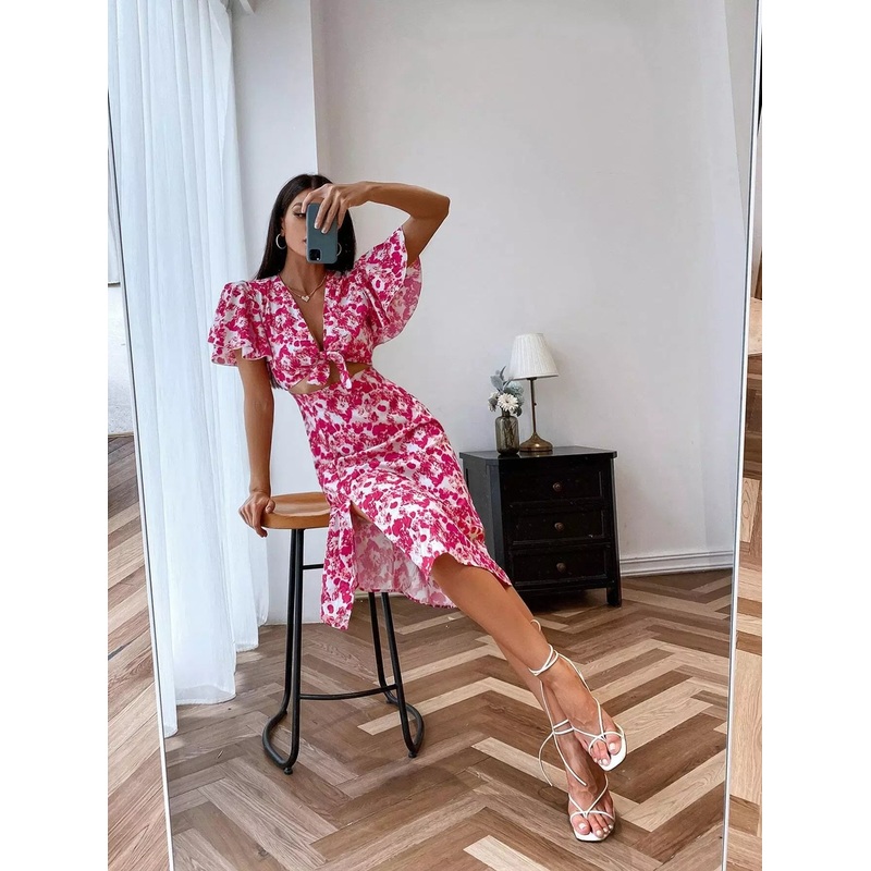 Allover Floral Print Tie Front Slit Hem Dress