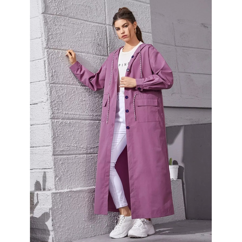 Button Front Drawstring Waist Hooded Trench Coat