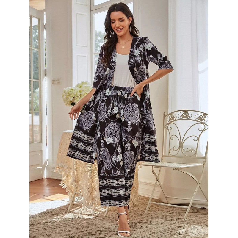 Floral and Chain Print Coat & Wide Leg Pants Set