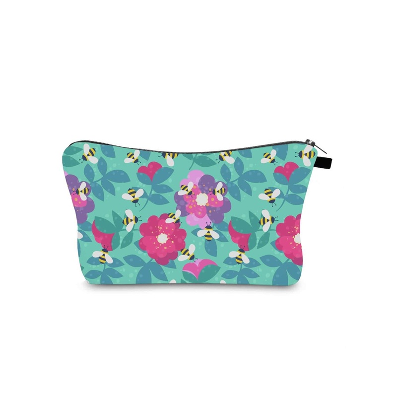 Flower & Bee Print Zipper Makeup Bag