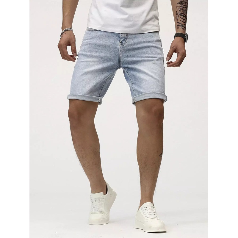 Men Light Washed Rolled Hem Denim Shorts