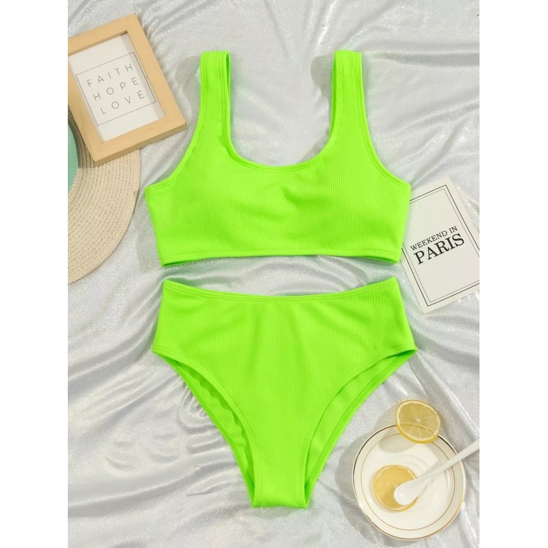 Neon Lime Rib High Waisted Bikini Swimsuit
