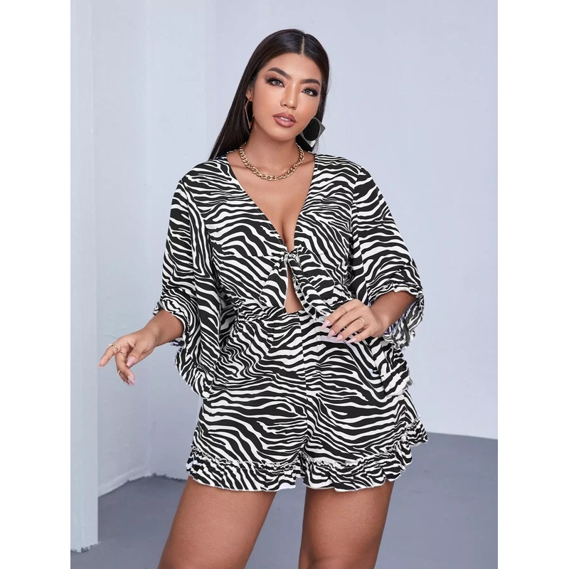 Plus Zebra Stripe Print Knot Front Ruffle Hem Romper