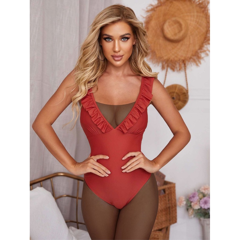 Ruffle V Neck One Piece Swimsuit