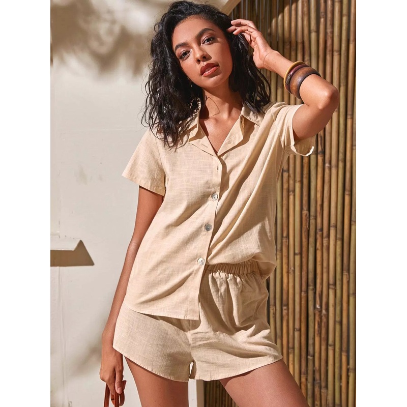 Solid Button Up Blouse & Shorts
