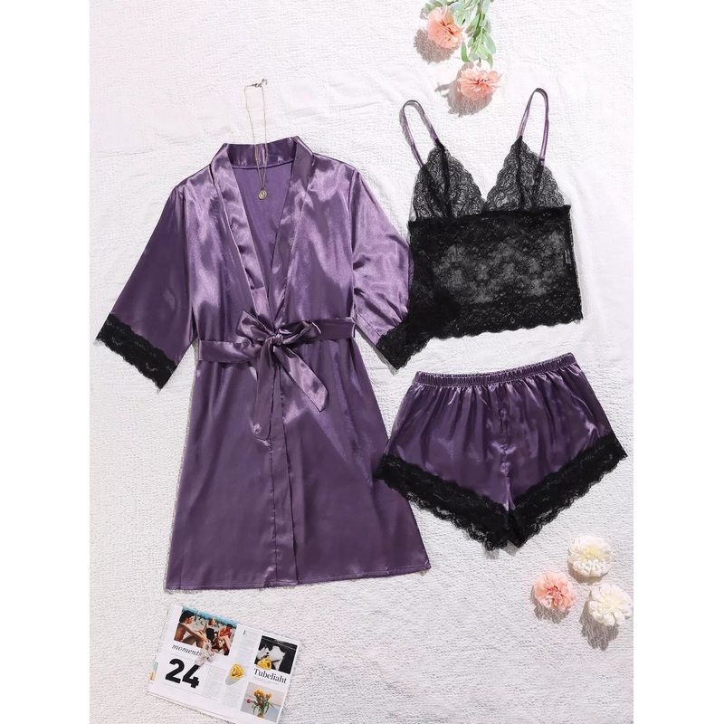 3pcs Contrast Lace Robe Set Without Belt