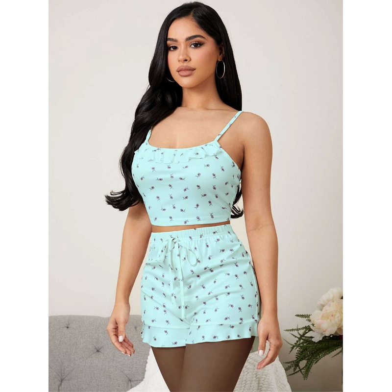 Ditsy Floral Ruffle Trim Knot Front PJ Set