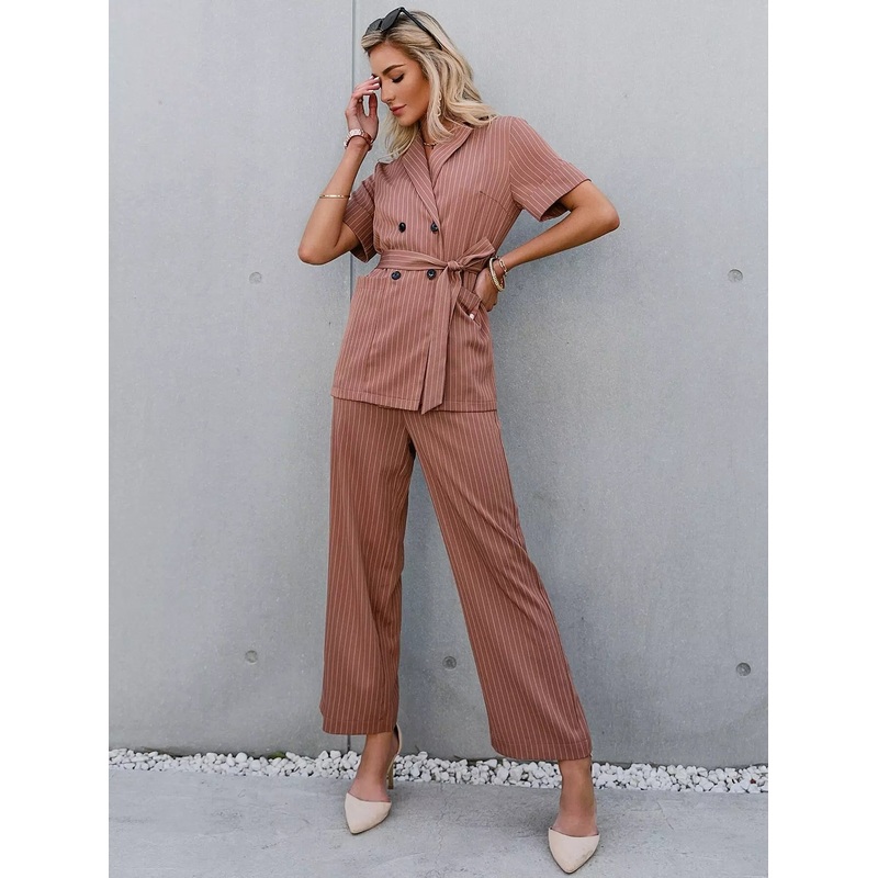 Double Button Striped Blazer & Pants Set Without Belt