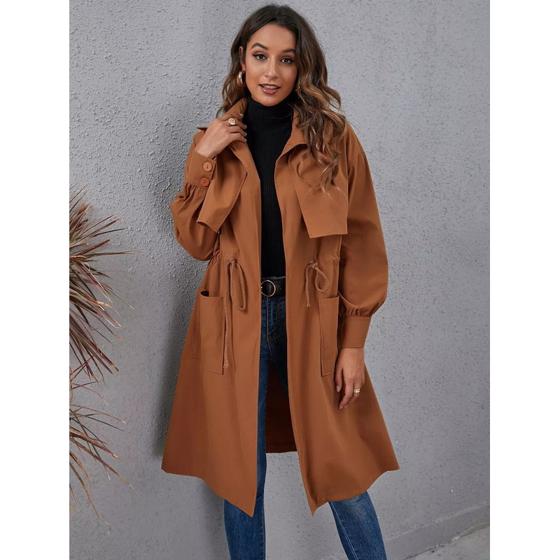 Drawstring Waist Dual Pockets Trench Coat