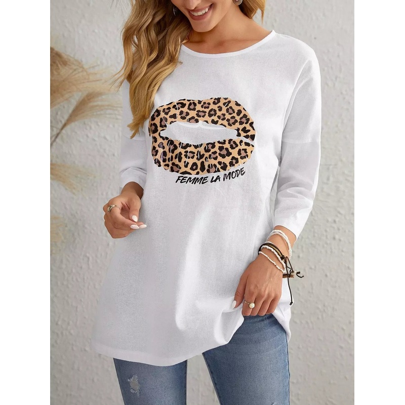 Drop Shoulder Letter & Lip Print Blouse