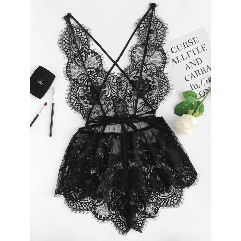 Eyelash Lace Deep V Neck Sleep Romper