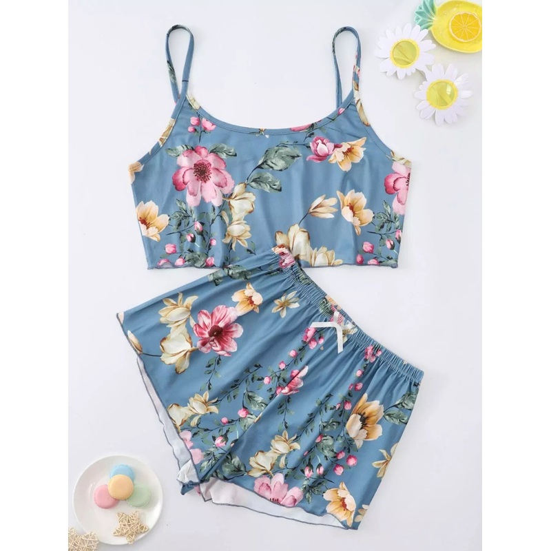 Floral Print Bow Pajama Set|L