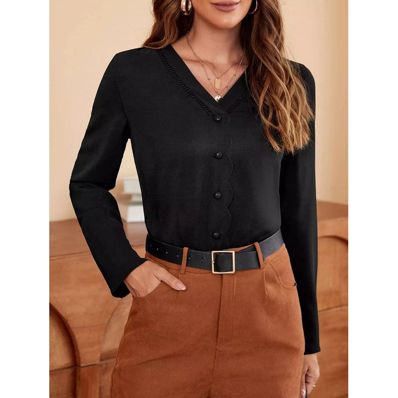 Scallop Trim Button Front Blouse