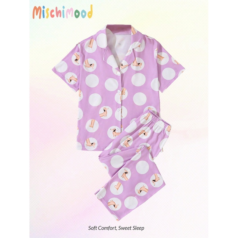 Young Girls’ Light Purple Polka Dot Puppy Allover Print Short Sleeve Cardigan And Pants 2pcs Pajama Set,