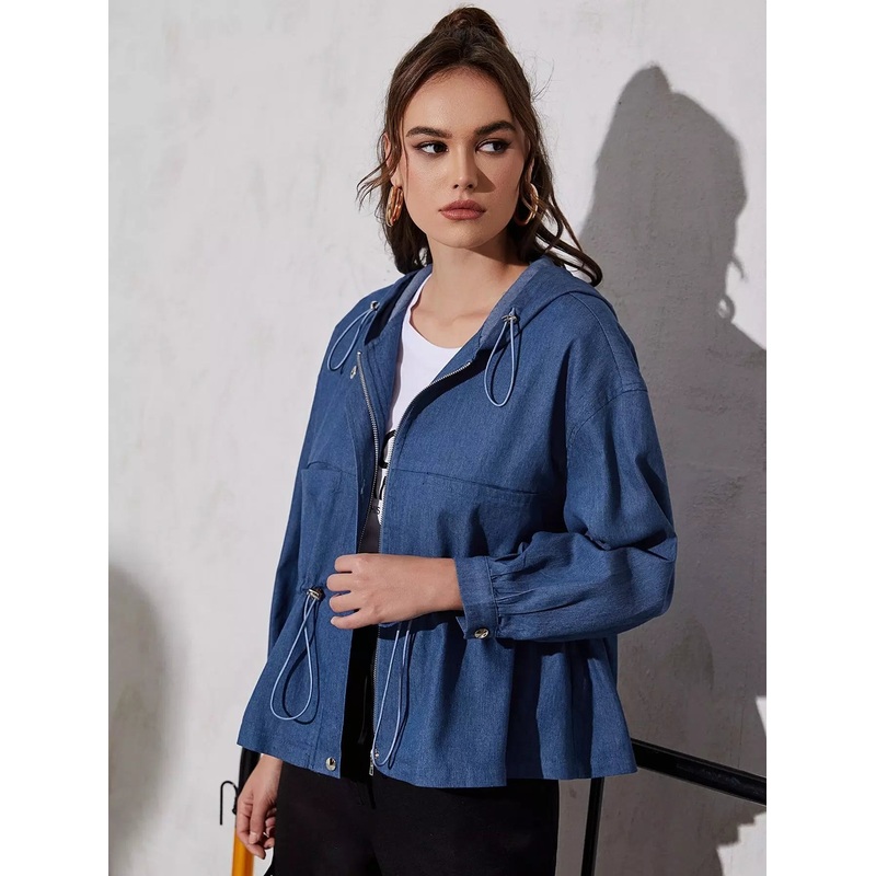 Zip Up Drawstring Waist Hooded Jacket