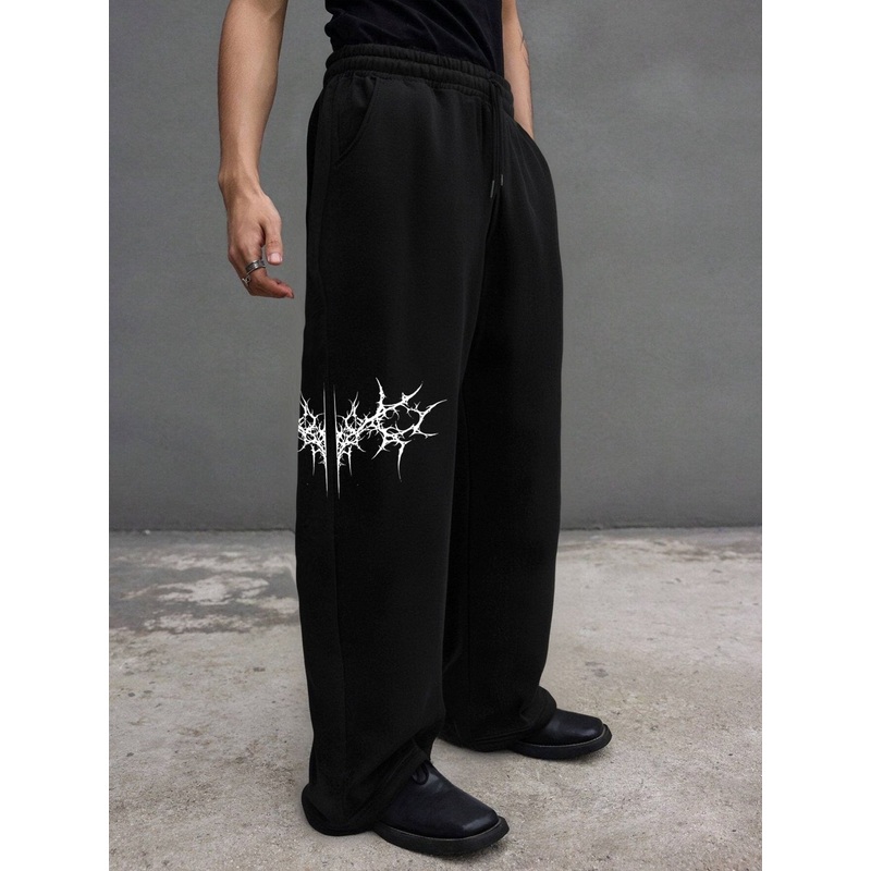 1pc Casual Loose Fit Summer Wide Leg Sweatpants With Front & Back Graphic, Street Style
