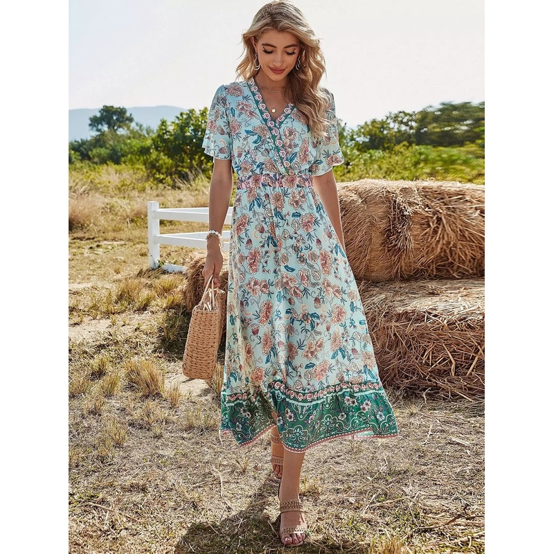 All Over Floral Print Surplice Neck A-line Dress