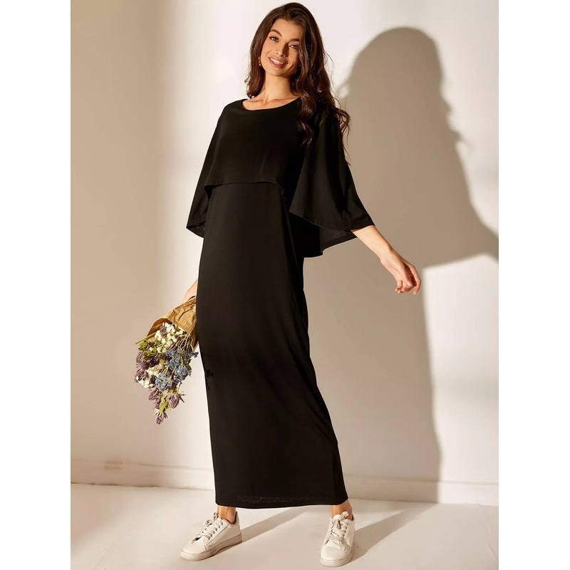 Cape Sleeve Round Neck Solid Dress