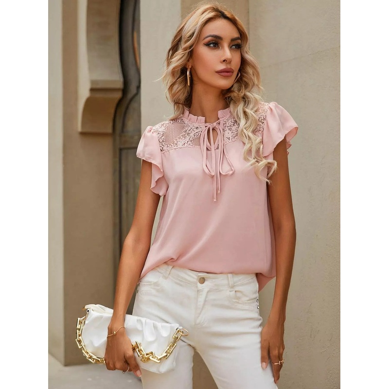Contrast Lace Tie Neck Butterfly Sleeve Blouse
