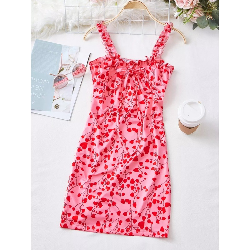 Heart Print Tie Front Frill Cami Bodycon Dress