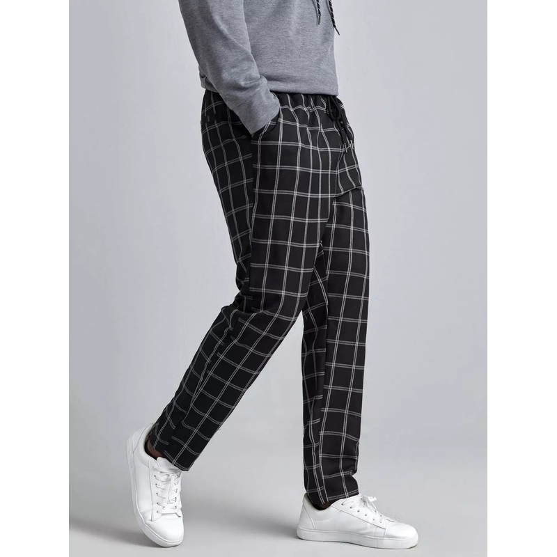 Men Plaid Print Drawstring Waist Pants
