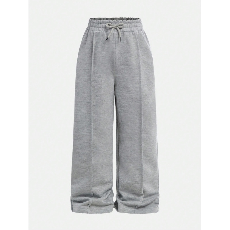 Young Girls Casual Gray High Waist Straight Leg Drawstring Pants, Suitable For Everyday,Outdoor,School,